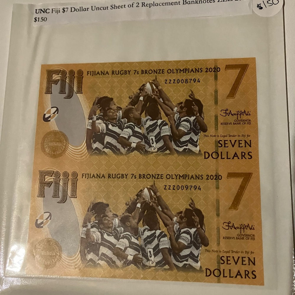Fiji Rugby $7 Dollar Banknotes Replacement Uncut Sheet
